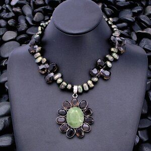 Studio@7199 Artisan Sterling, Jade and Smoky Quartz Flower Pendant Neckl…